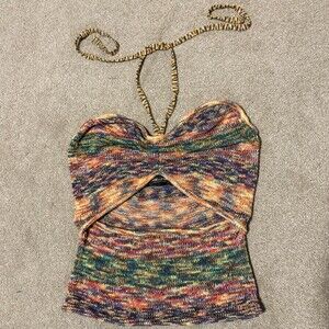 Gabrielle Union Womens Marli Marled Crochet Knit Halter Top Cutout Rainbow Sz 1X
